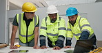 Laptop, meeting and construction team on site for planning building, repairs or maintenance. Architecture, men and civil engineering group in discussion for renovation or property development.