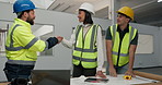 Architect, team and handshake with happy people in building, conversation and agreement for project. Civil engineer, success and shaking hands with colleagues, smile and collaboration with blueprint