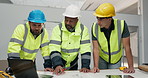 Laptop, discussion and construction team on site for planning building, repairs or maintenance. Architecture, men and civil engineering group in meeting for renovation or property development.
