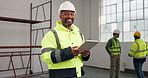 Tablet, happy and face of construction worker on site for remodeling, repairs or maintenance. Man, leadership and portrait of mature civil engineer with digital technology for renovation or building.