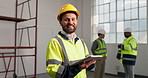 Tablet, smile and face of construction worker on site for remodeling, repairs or maintenance. Man, about us and portrait of civil engineer with technology for renovation or property development.