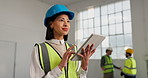 Contractor, woman or planning with tablet at construction site, building progress or design evaluation. Thinking, happy person or civil engineering with tech, development review or inspection report