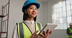 Contractor, woman and inspection with tablet at construction site, building or development planning. Thinking, happy person and civil engineering with tech, design assessment or problem solving