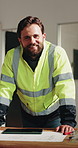 Face, engineer and man at site for maintenance, building construction or happy with development. Contractor, portrait and confident person, smile and renovation professional with quality control