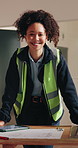 Face, engineer and woman at site for maintenance, building construction or happy with development. Contractor, portrait and confident person, smile and renovation professional with quality control