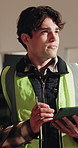 Tablet, engineer or man thinking at site for construction, safety evaluation or development report. Tech, contractor and person planning design for building renovation, remodeling or problem solving