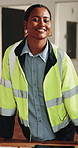 Face, architect and woman at site for building construction, maintenance or happy with development. Engineering, portrait and confident person, smile and renovation professional with quality control