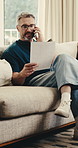 Man, phone call and document in home for finance, statement and contact bank for billing issue. Mature person, mobile chat and discussion at house with paperwork, account charges and financial advice