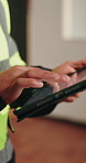 Tablet, engineer or hands at site for construction, development report or safety regulation. Maintenance, contractor and person with tech for building codes, compliance and scroll renovation schedule