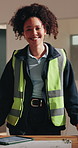 Face, engineer and woman at site for construction, building maintenance or happy with development. Contractor, portrait and confident person, smile and renovation professional with quality control