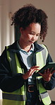 Tablet, engineer or woman at site for construction, safety inspection or development report. Tech, contractor or person with digital design for building compliance, remodeling or maintenance schedule