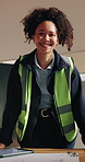 Face, architect and woman at site for maintenance, building construction or happy with development. Engineer, portrait and confident person, smile and renovation professional with quality control