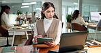 Tablet, laptop and reading with business woman in office for planning, insurance policy and coverage report. Premium claims, risk assessment agent and online review with person in agency for tech