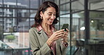 Phone, smile and hands of businesswoman in office with texting, email of finance networking. Technology, communication and financial manager with cellphone for feedback on investment proposal.
