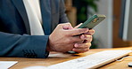 Businessman, hands and typing with phone in office for social media, connection or network. Man, employee or texting with smartphone for mobile conversation, discussion or chatting app in workplace