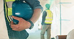 Construction, hardhat or hands on site for safety, protection gear or ppe wear in building project. Compliance, man or technician for risk control, uniform or hazard prevention in industrial industry