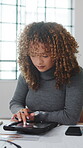 Architect, scroll and woman with tablet in office, writing or budget for project with estimated cost. Building, designer and person with notebook, notes and planning for design with tech and research