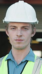Construction, serious and supervisor on site with face, contractor and pride in building renovation. Ambition, man or engineer lead outdoor with confidence, developer or about us in remodeling career
