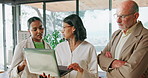 Team, meeting and talk in office with laptop, sustainable business plan or data for circular economy. Manager, people and discussion with computer, go green project and stats for carbon emissions.