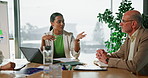 People, meeting and discussion in office for sustainable business, plan or data for circular economy. Manager, team and talk with strategy for go green project, CSR and stats for carbon emissions.