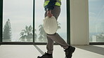 Man, legs and engineer with helmet for walking, safety protocol and compliance regulation for work. Supervisor, hands or hardhat in business for protection, project management or contractor with gear