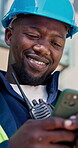 Construction, texting or engineer on site with phone, task brief or project update in digital chat. Happy, below or black man with tech, progress report or industrial coordination in communication.