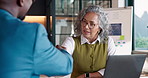 Office meeting, smile and handshake with woman for hiring, financial analyst recruitment and talk. Shaking hands, mature person or interview agreement with data specialist for investment negotiation