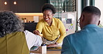 Woman, smile and shaking hands in meeting for financial funding, success or deal with analyst. Happy people, handshake and agreement with clients in office, data specialist or investment partnership