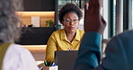 Woman, question and business consultation in meeting for financial analysis, feedback or help. Laptop, b2b clients and office discussion with hand up, investment query or answer with data specialist