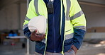 Construction, hands or engineer with helmet for protection at site, development compliance or safety. PPE, gear and person with industrial hard hat, building or impact shield with high vis jacket