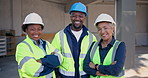 Architect, team and face with confidence on construction site for about us or building service. Portrait, group or civil engineer with smile or arms crossed for architecture project or development