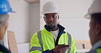 Engineer, man and discussion at construction site with team, advice and instructions for technician. Manager, people and talk with engineering, project or delegation of responsibility to electrician.