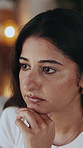 Mental health, overthinking and woman in house with nerves, anxiety trigger and memory of trauma. Stress, overwhelmed and person in home with flashback, worry and tension with emotional thoughts.