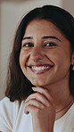 Wellness, face and woman in house with smile, confidence and positive attitude on weekend break. Relax, chill and person in home with good mood, happy moment and unwind satisfaction on day off.