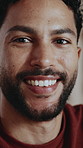 Laugh, smile and face of man in home for pride, comfortable weekend and staycation break. Happiness, funny joke and morning with portrait of person in living room of apartment for calm and confidence
