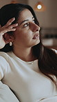 Mental health, overthinking and woman in living room with regret, mistake and memory of trauma. Upset, reflection and person in house with flashback, worry and tension with emotional thoughts.