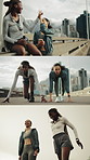 Montage, runner and fitness friends in city, stretching or high five with phone, laugh and start race. Women, conversation and tech for exercise blog, social media and running in street with support