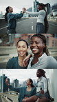 Montage, face and fitness friends outdoor, selfie and high five for workout success in town. Women, portrait and memory for exercise blog, social media and happy for training in city with support