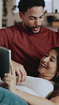 Relax, couple and laugh on sofa with tablet, deal hunting and create wishlist for online shopping. Cuddle, happy people and tech in home for webshop, product search and retail app with funny reviews