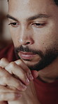 Mental health, overthinking and man in home with nerves, anxiety trigger and memory of trauma. Stress, overwhelmed and person in house with flashback, worry and tension with emotional thoughts.