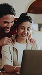 Laptop, conversation and couple in home with online banking for investment, bills or mortgage. Technology, discussion and man with woman for loan application, property purchase and together in house