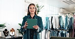 Thinking, tablet and woman in clothing store for small business, online shop management and laugh. Happy, person and technology in boutique for retail, fashion industry and space or app for startup