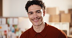Face, man and smile at startup for ecommerce, logistics and supply chain for clothing launch. Portrait, person and happiness in office for entrepreneurship, fashion designer and textile distribution