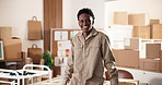 Face, happy and black man at startup for ecommerce, entrepreneur and supply chain for fashion. Portrait, male person and designer in office for manufacturing, clothing launch and textile distribution