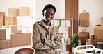 Face, black man and smile at startup for ecommerce, logistics and supply chain of clothing launch. Portrait, entrepreneur and happiness in office with arms crossed, fashion designer and distribution