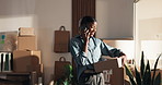 Woman, fashion or phone call with box for shipping, laugh or order planning for delivery info. Tech, designer or happy black person talk with package in logistics office, ecommerce or confirm address