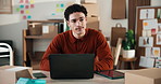 Man, thinking and logistics with laptop in small business, ecommerce and checking sales on website. Startup, entrepreneur and happy person with tech, reflection and inventory for order fulfillment