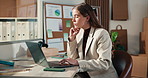 Woman, thinking and logistics with laptop in small business, research and checking sales on website. Startup, entrepreneur and person with tech, ecommerce and stock inventory for order fulfillment
