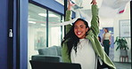 Success, laptop and woman throw documents in office for feedback, good news and project approval. Business, creative and person celebrate with paperwork for marketing proposal, campaign and goals