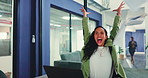 Excited, laptop and woman throw documents in office for feedback, good news and project approval. Business, creative and person with campaign success, celebration and goals for marketing proposal